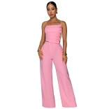 Pink Two Pieces Metal Button Tops with Bodycon Wide Leg Casual Office Long Jumpsuits