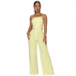 Yellow Two Pieces Metal Button Tops with Bodycon Wide Leg Casual Office Long Jumpsuits