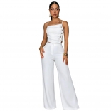 White Two Pieces Metal Button Tops with Bodycon Wide Leg Casual Office Long Jumpsuits