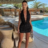 Black Two Pieces Sequins Tassels Halter V Neck Crop Tops Bodycon Mini Dress Skirt Sets