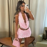 Pink Two Pieces Sequins Tassels Halter V Neck Crop Tops Bodycon Mini Dress Skirt Sets