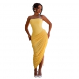 Yellow Off Shoulder Evening Party Birthday Pleated Mesh Midi Dress