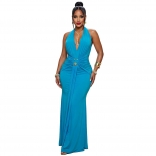 Blue Sleeveless Deep V Neck Halter Pleated Rings Women Evening Formal Birthday Maxi Dress