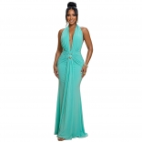 Green Sleeveless Deep V Neck Halter Pleated Rings Women Evening Formal Birthday Maxi Dress