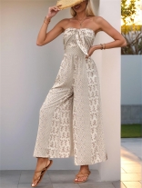 Beige Print Lace Up Fashion Women Vacation Street Party Sexy Jumpsuits