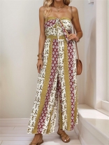 Yellow Print Lace Up Fashion Women Vacation Street Party Sexy Jumpsuits