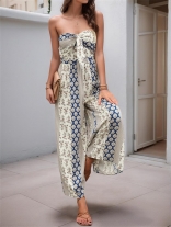 Blue Print Lace Up Fashion Women Vacation Street Party Sexy Jumpsuits