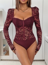 Wine Red Long Sleeve Lace Sexy Hollow Out Women Bodysuit Tops