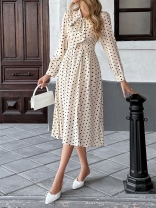 White Print Polka Dot Casual Retro Bow Tie Fashion Women Party Holiday Midi Dress