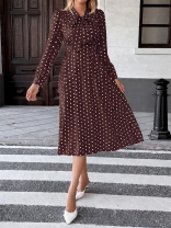 Brown Print Polka Dot Casual Retro Bow Tie Fashion Women Party Holiday Midi Dress