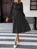 Black Print Polka Dot Casual Retro Bow Tie Fashion Women Party Holiday Midi Dress
