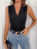 Black Sleeveless Deep V Neck Lace Hollow Out Casual Sexy Women Bodysuits