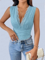 Blue Sleeveless Deep V Neck Lace Hollow Out Casual Sexy Women Bodysuits
