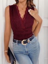 Wine Red Sleeveless Deep V Neck Lace Hollow Out Casual Sexy Women Bodysuits
