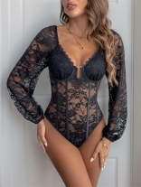 Black Lace Long Sleeve Hollow Out Party V Neck Sexy Bodysuits