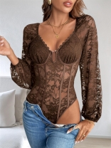 Borwn Lace Long Sleeve Hollow Out Party V Neck Sexy Bodysuits