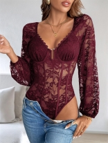 Wine Red Lace Long Sleeve Hollow Out Party V Neck Sexy Bodysuits