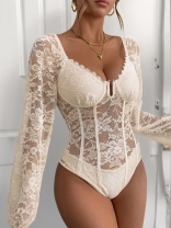 Beige Lace Long Sleeve Hollow Out Party V Neck Sexy Bodysuits