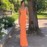 Orange Printed Straps Low Cut Bodycon Party Vacation Long Dress