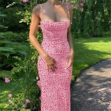 Pink Printed Straps Low Cut Bodycon Party Vacation Long Dress
