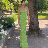 Green Printed Straps Low Cut Bodycon Party Vacation Long Dress