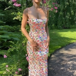 Red Printed Straps Low Cut Bodycon Party Vacation Long Dress