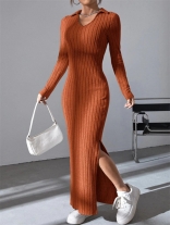 Brown Long Sleeve V Neck Knitting Bodycon Women Midi Casual Dress