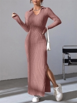 Pink Long Sleeve V Neck Knitting Bodycon Women Midi Casual Dress