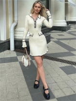 Beige Long Sleeve Knit Single Breast V Neck Ruffles Party Casual Mini Dress
