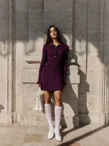 Wine Red Long Sleeve Knit Single Breast V Neck Ruffles Party Casual Mini Dress
