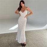 White Lace Straps Low Cut Hollow Out See Thourgh Bodycon Long Dress
