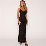 Black Lace Straps Low Cut Hollow Out See Thourgh Bodycon Long Dress