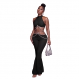 Black Sleeveless Cut Out Diamonds Women Party Street Sexy Jumpsuit