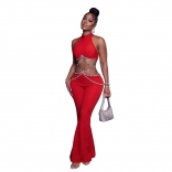Red Sleeveless Cut Out Diamonds Women Party Street Sexy Jumpsuit
