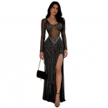 Black Diamonds Mesh See Through Long Sleeve Bodycon Evening Gowns Dress