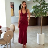 Red Straps Lace V Neck Bodycon Hollow Out Evening Maxi Dress