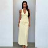 Yellow Straps Lace V Neck Bodycon Hollow Out Evening Maxi Dress
