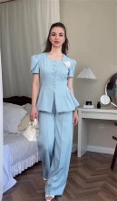 Blue Two Pieces Fashion Button Tops Wide Leg Women Fashion Elegant Long Pant Sets