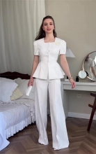 White Two Pieces Fashion Button Tops Wide Leg Women Fashion Elegant Long Pant Sets