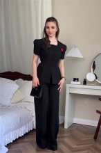 Black Two Pieces Fashion Button Tops Wide Leg Women Fashion Elegant Long Pant Sets