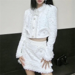 White Two Pieces Lace Pearls Luxury Coat Pleated Mini Skirt Dress Sets
