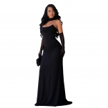 Black Off Shoulder Elegant Women Pleated Evening Formal Maxi Dress with Golves