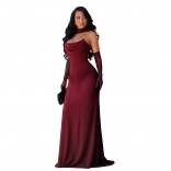 Wine Red Off Shoulder Elegant Women Pleated Evening Formal Maxi Dress with Golves
