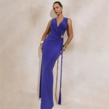 Blue Deep V Neck Pleated Snatch Elegant Long Dress