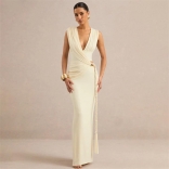 Yellow Deep V Neck Pleated Snatch Elegant Long Dress