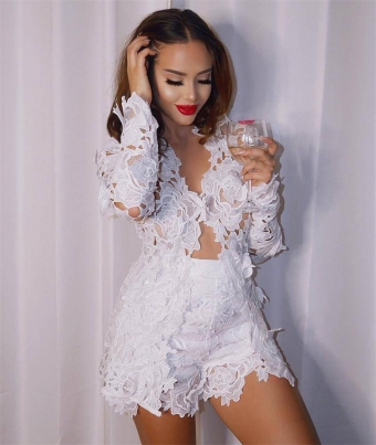 White Long Sleeve Lace Hollow-out Sexy Dress Sets