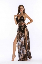 Black Halter Low-cut Slit Sequins Dress