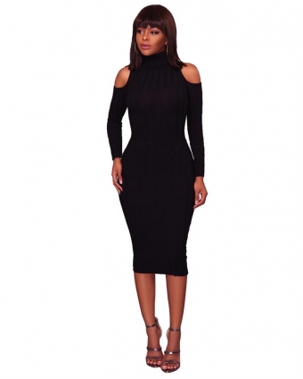 Black Long Sleeve Cut-Off Bodycon Midi Dress