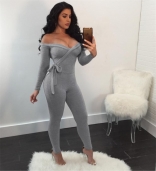 Light Gray Low-cut Cotton Long Sleeve Sexy Jumpsuit