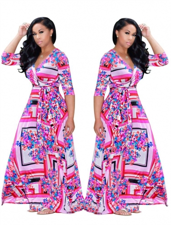 Pink Red Printed V-Neck Sexy Maxi Dress